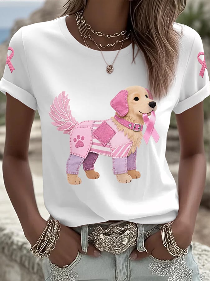 Women's Pink Dog Pink Ribbon Breast Cancer Awareness Print Round Neck T-Shirt