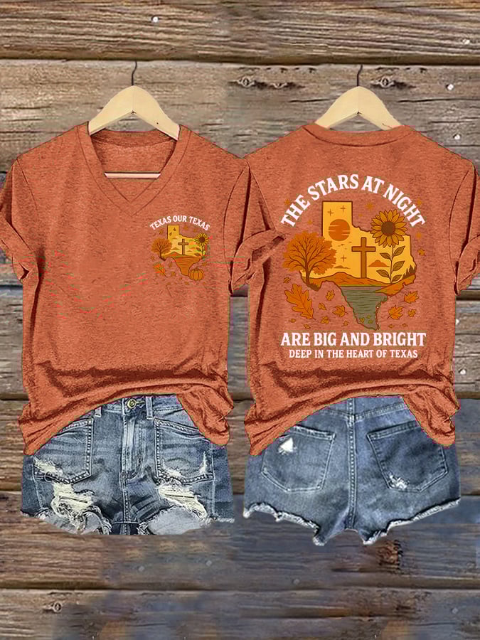 V-Neck Retro Texas Fall Strong Texas Our Texas The Stars At Night Are Big And Bright Deep In The Heart Of Texas Print T-Shirt
