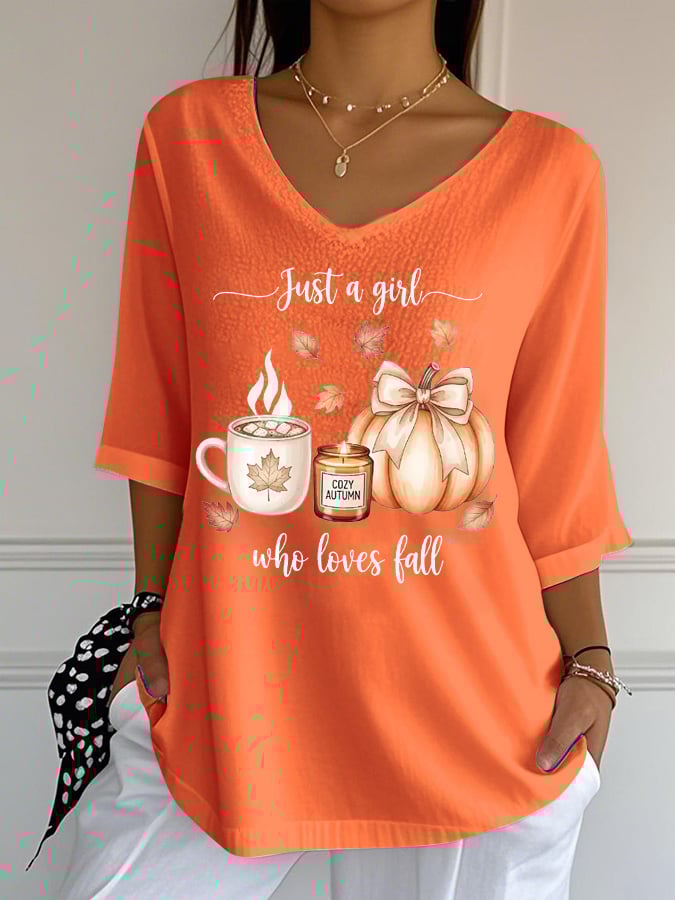 Women's Just A Girl Who Loves Fall Print Mid-Sleeve Casual T-Shirt