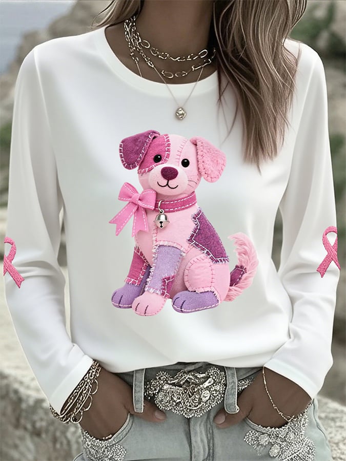 Women's Pink Dog Pink Ribbon Breast Cancer Awareness Support Print Casual Long Sleeve T-Shirt
