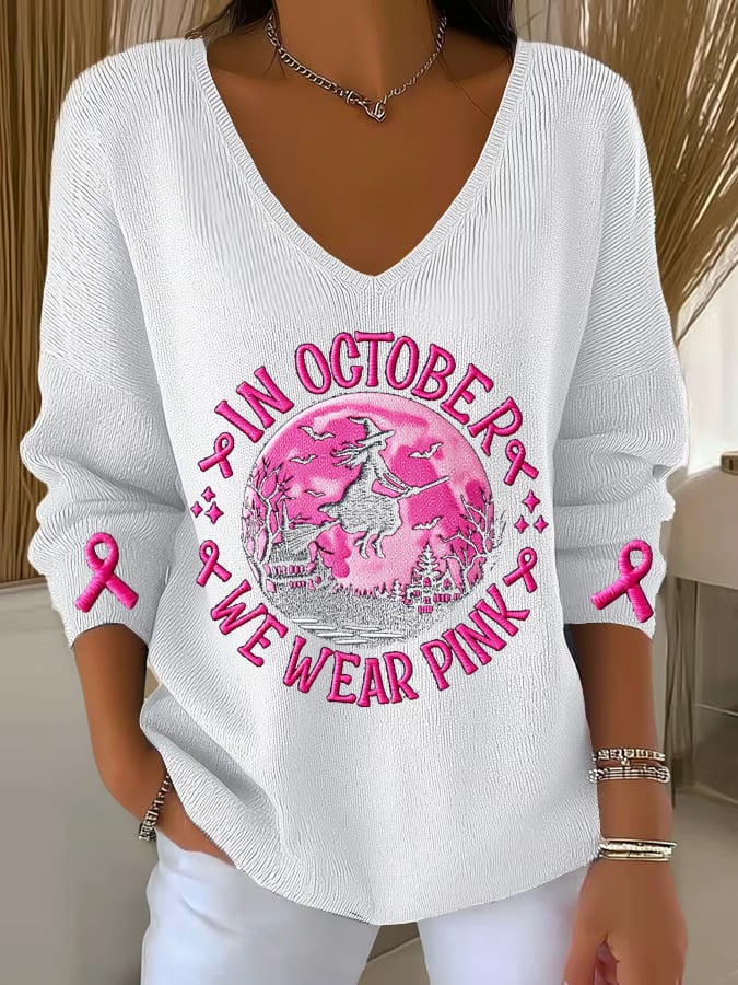 Women's In October We Wear Pink Witch Breast Cancer Awareness Print Drop Shoulder Sweater