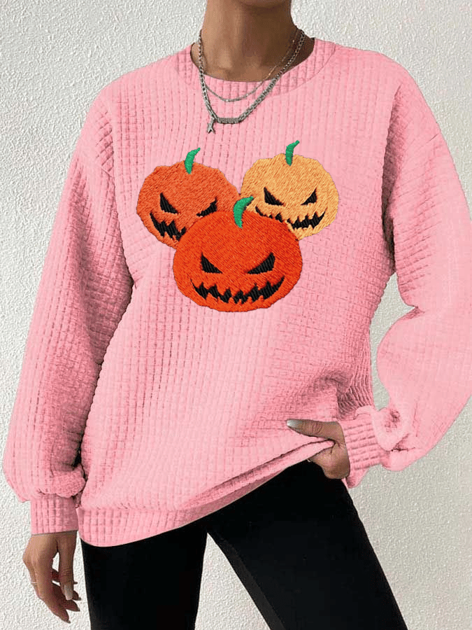 Women's Ghost Face Pumpkin Round Neck Waffle Sweatshirt