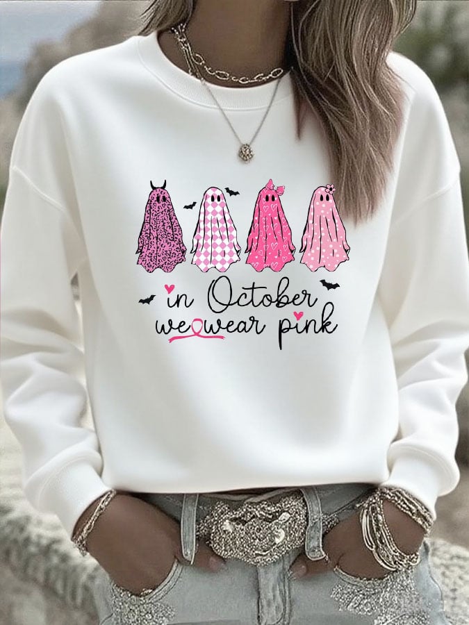 Women's In October We Wear Pink Ghosts Printed Casual Sweatshirt