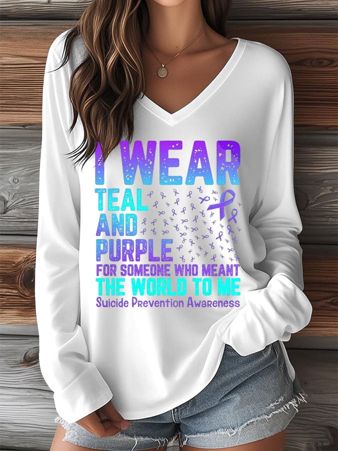 Women's Mental Health Print V-Neck Long Sleeve T-Shirt