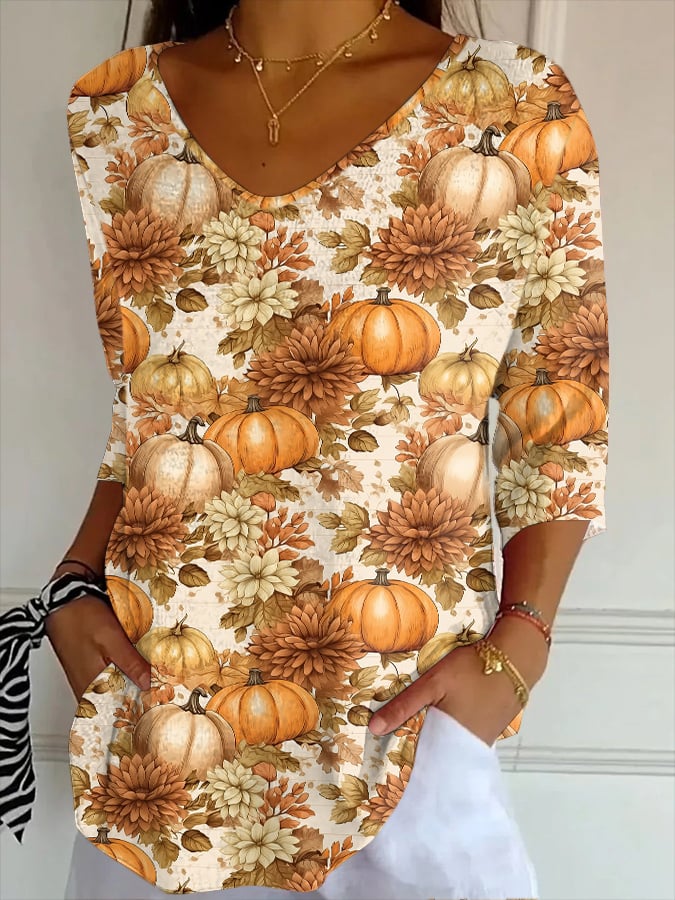 Women's Autumn Faith Pumpkin Stripe Fabric Casual V-neck Mid-sleeve T-shirt