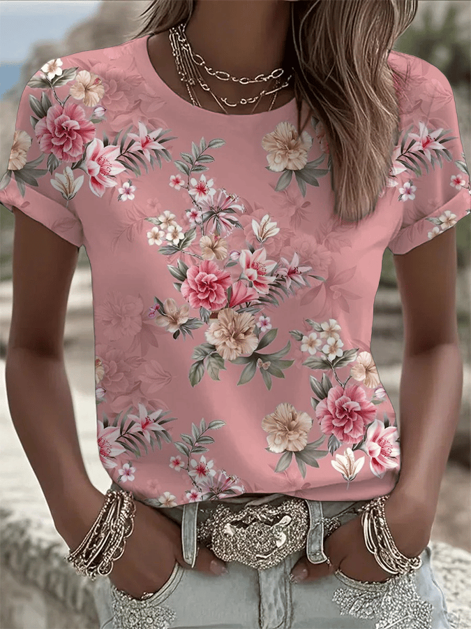 Women's Breast Cancer Awareness Floral Print Crew Neck T-Shirt
