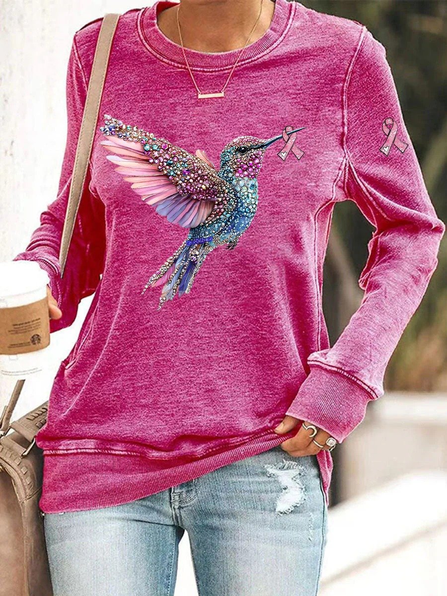 Women's Breast Cancer Awareness Hummingbird Ribbon Print Sweatshirt