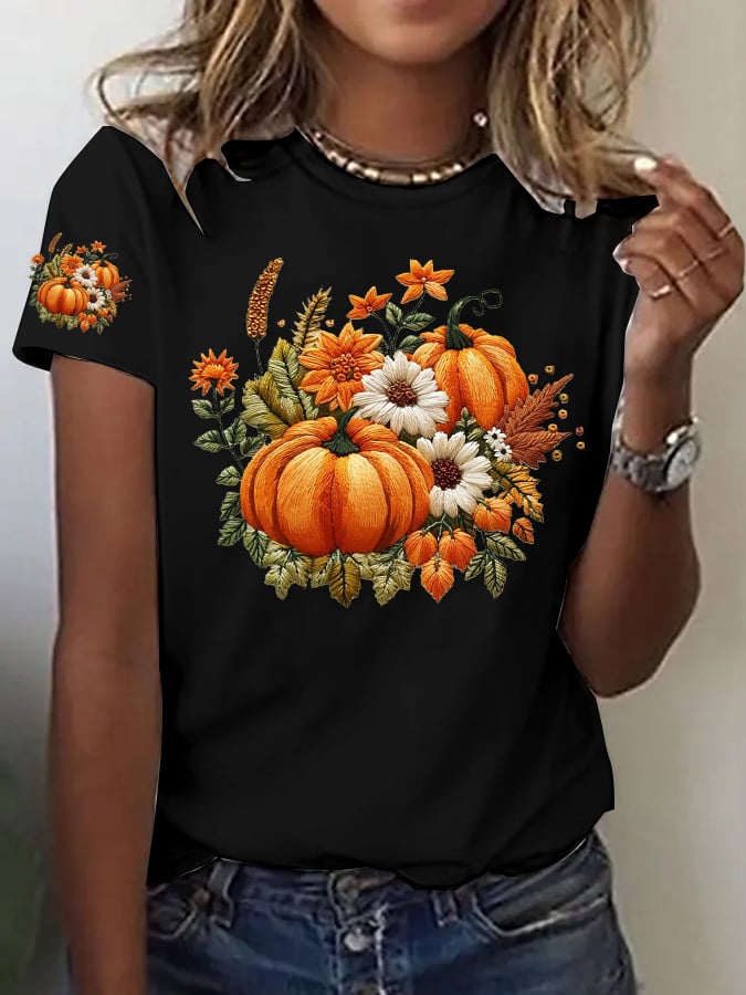 Women's Casual Autumn Pumpkin Short Sleeve T-shirt
