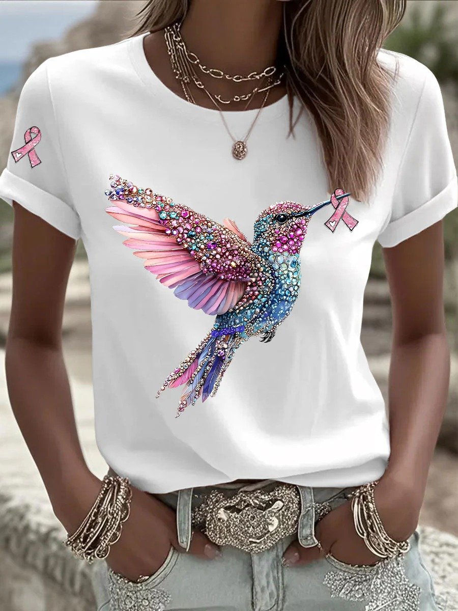 Women's Breast Cancer Hummingbird Ribbon Print Casual T-shirt