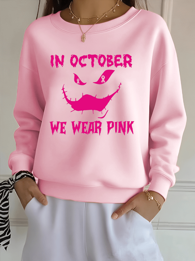 Women's In October We Wear Pink Ghost Print Crew Neck Sweatshirt
