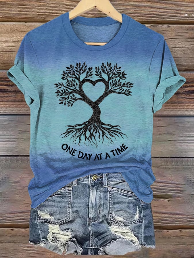 Women's Retro One Day At A Time Printed Casual T-Shirt