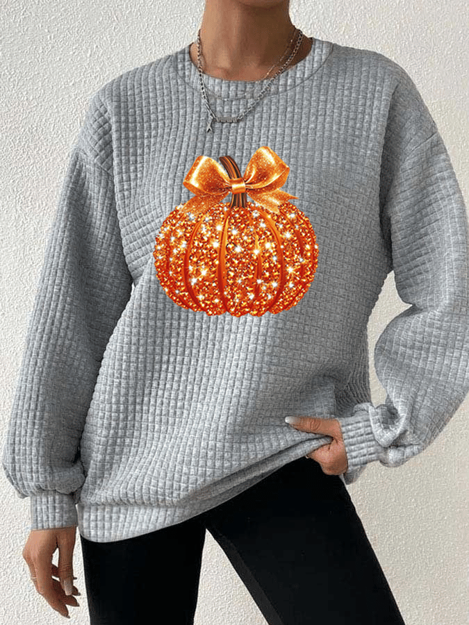 Women's Autumn Sequin Pumpkin Print Gingham Crew Neck Sweatshirt