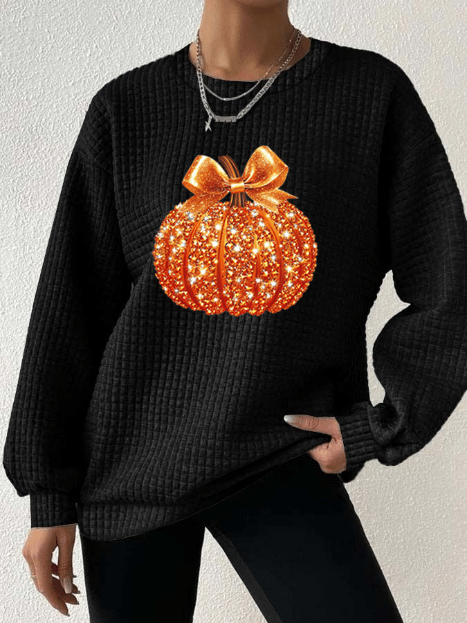Women's Autumn Sequin Pumpkin Print Gingham Crew Neck Sweatshirt