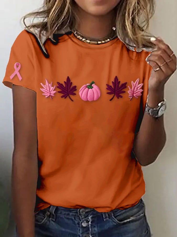 Women's casual pink maple leaf pumpkin T-shirt