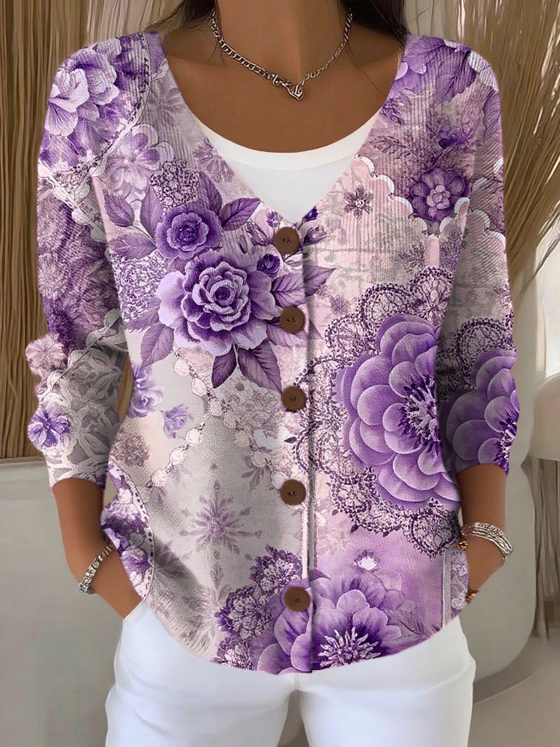 Women's Retro Pink Art Print Cardigan