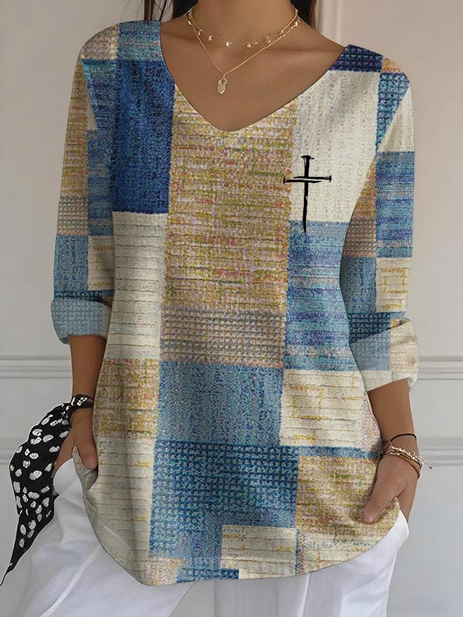 Women's Casual Retro Color Block Faith Bubble Wrinkle Long Sleeve Top