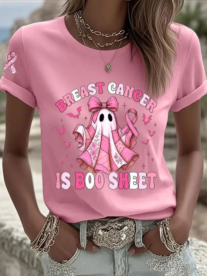 Women's Casual Retro Breast Cancer is Boo Sheet Ghost T-Shirt
