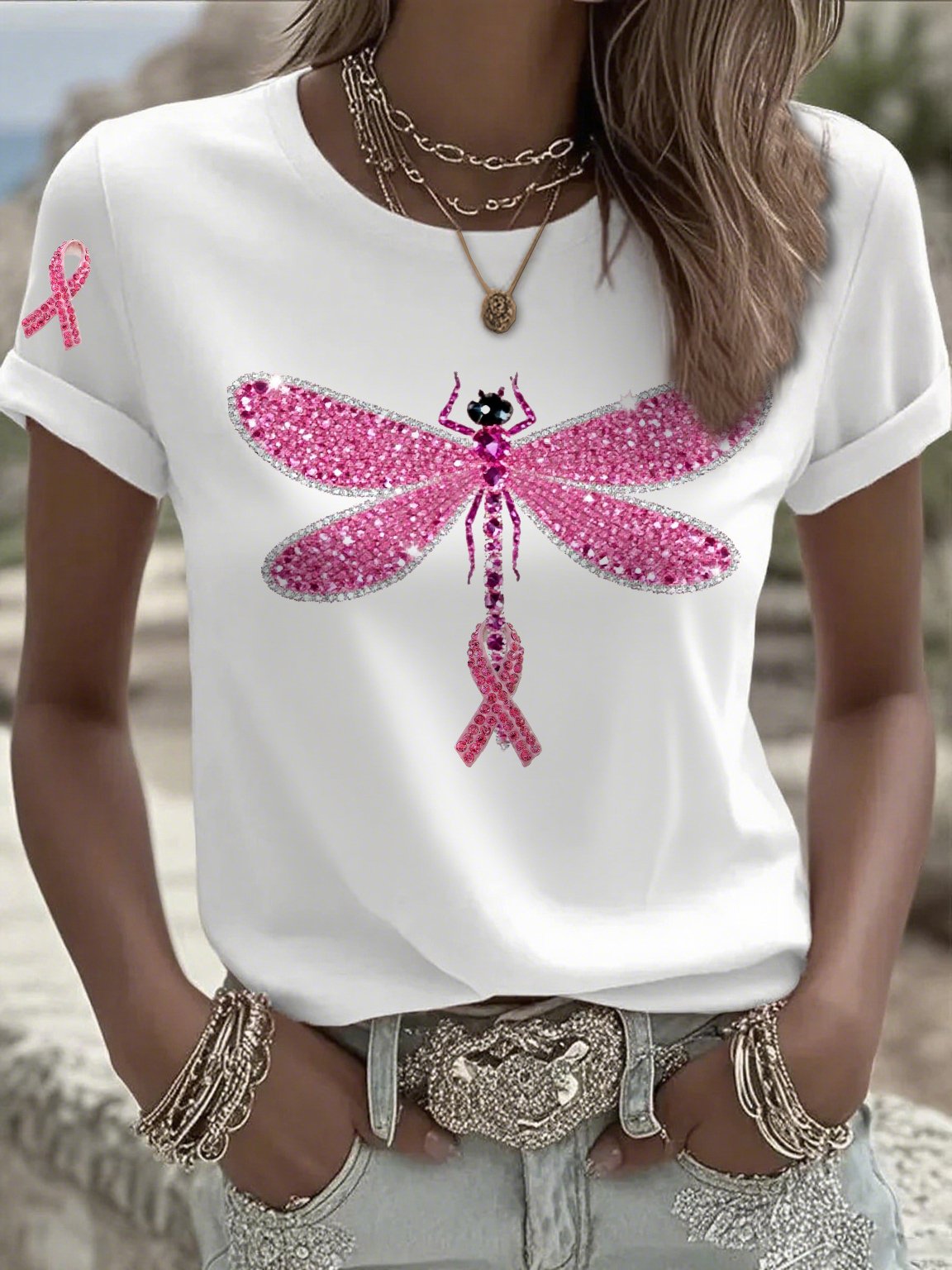 Women's Casual Pink Dragonfly Ribbon Hot-Stitching Rhinestone Print T-Shirt