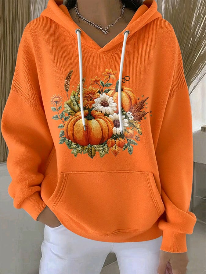 Women's Casual Autumn Pumpkin Long Sleeve Ribbed Hoodie
