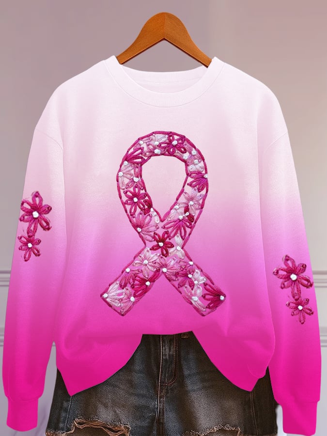 Women's imitation knitted breast cancer print sweatshirt