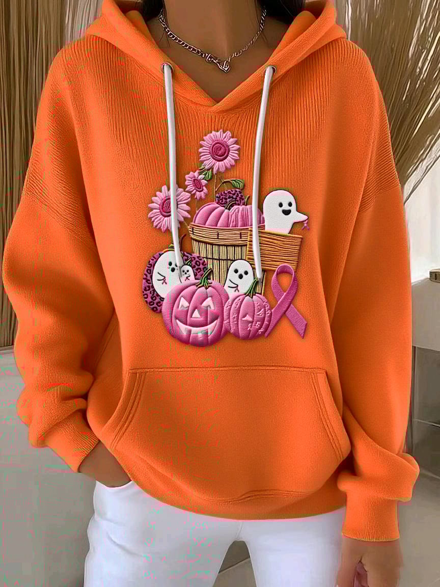 Women's Breast Cancer Sequin Pumpkin Print Casual Hoodie