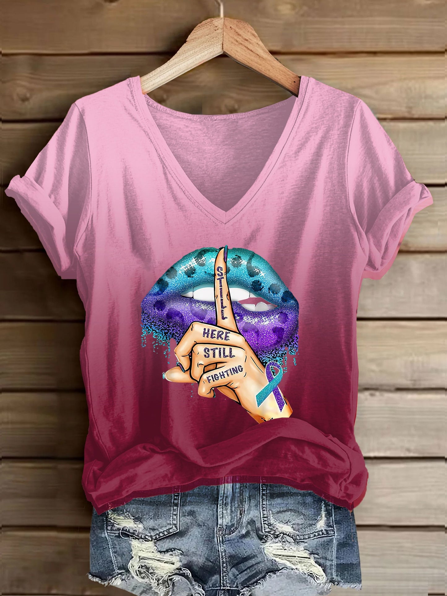 Women's Suicide Prevention Awareness Still Here Still Fighting Lips Printed Casual T-Shirt