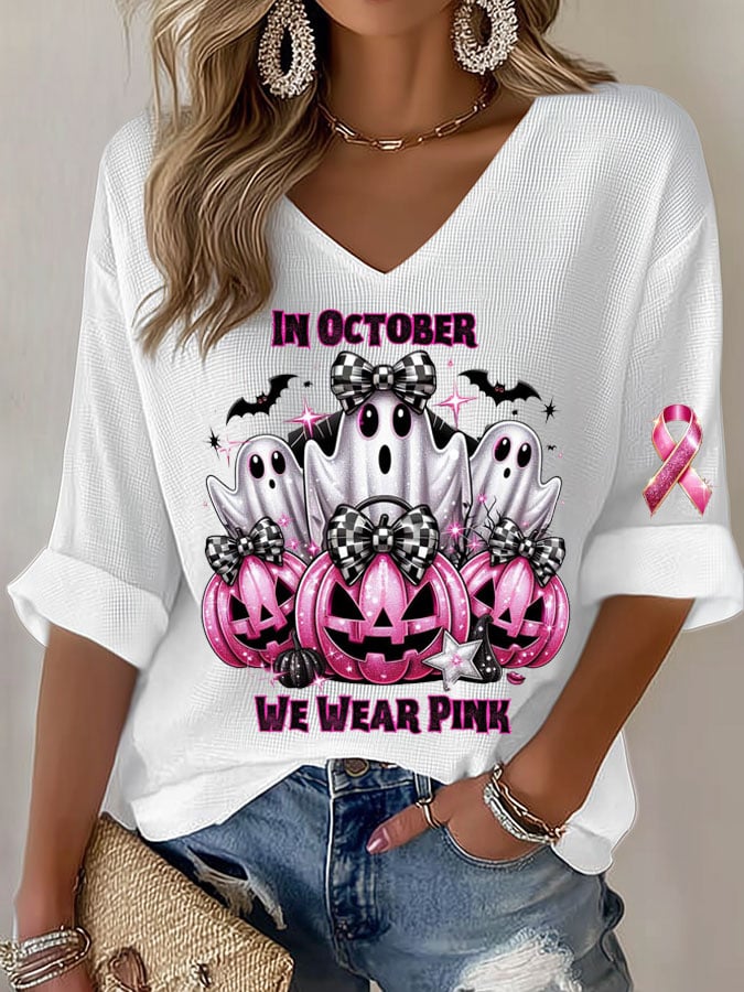 Women's In October We Wear Pink Print Casual Long Sleeve T-Shirt