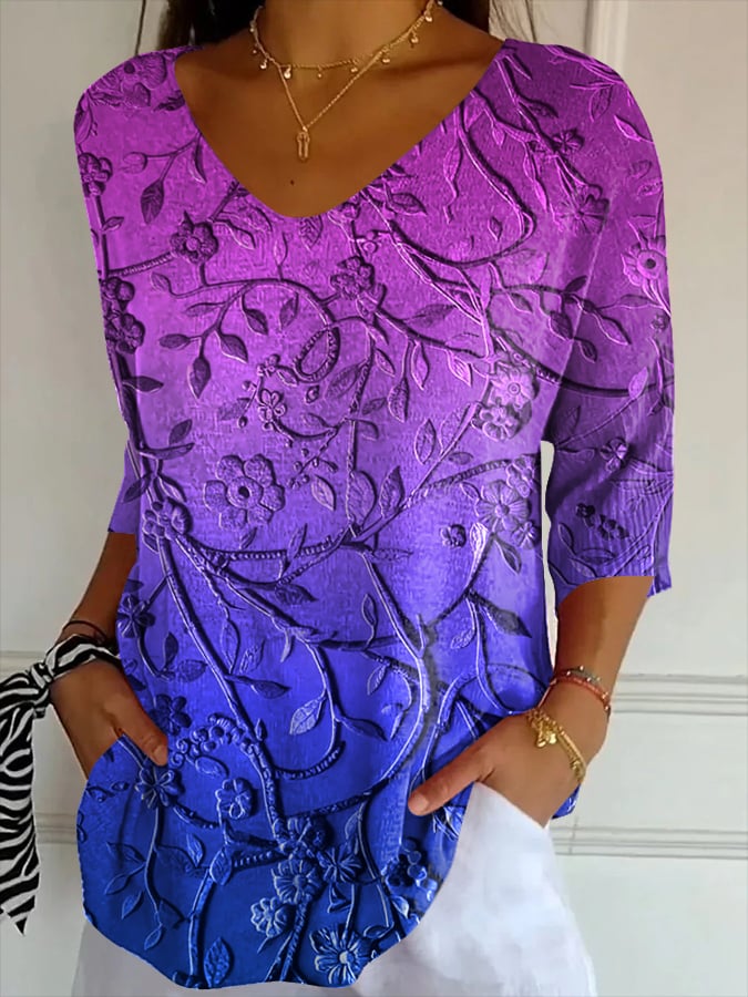 Women's Casual Mental Health Art Striped Three-Quarter Sleeve Top