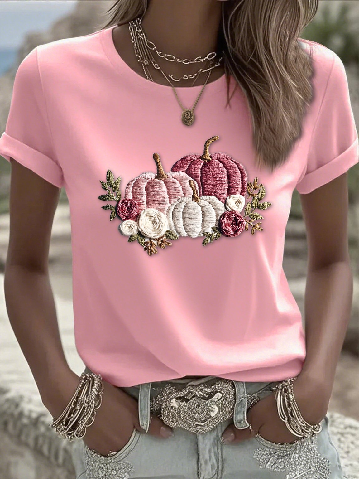 Women's casual pink pumpkin T-shirt