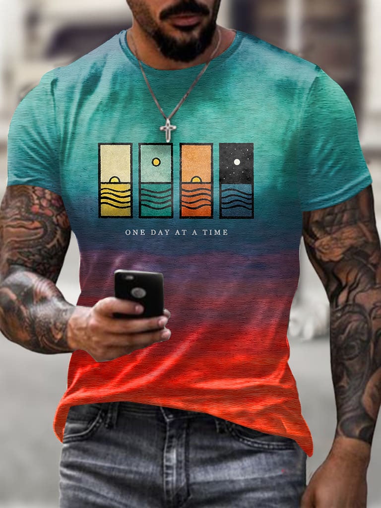 Men's Retro One Day At A Time Print Short Sleeve T-shirt