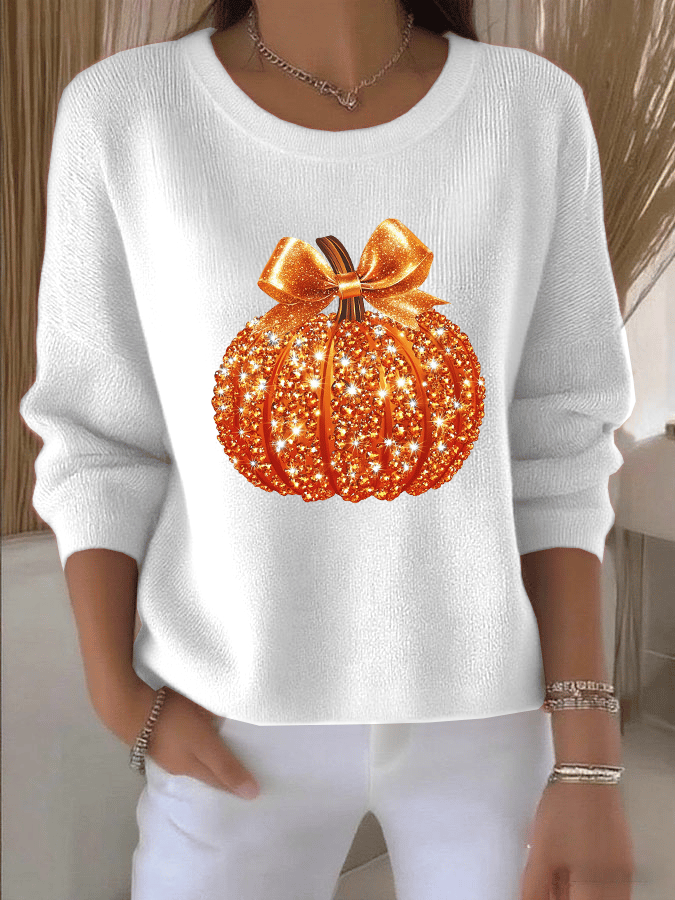 Women's Autumn Sequin Pumpkin Print Knit Long Sleeve Top