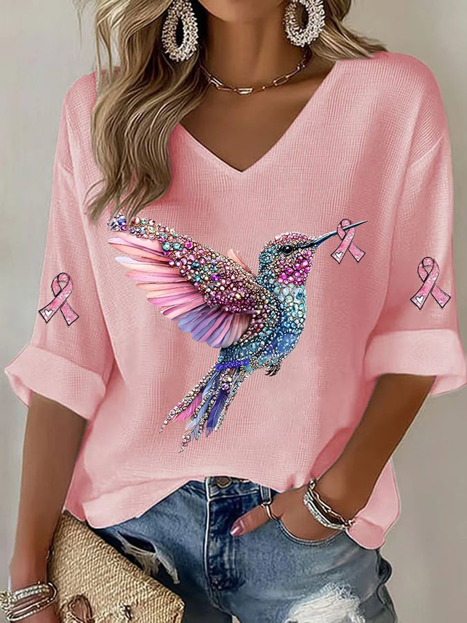 Women's Breast Cancer Hummingbird Print T-Shirt