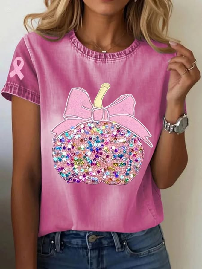 Women's Pumpkin Breast Cancer Print T-shirt