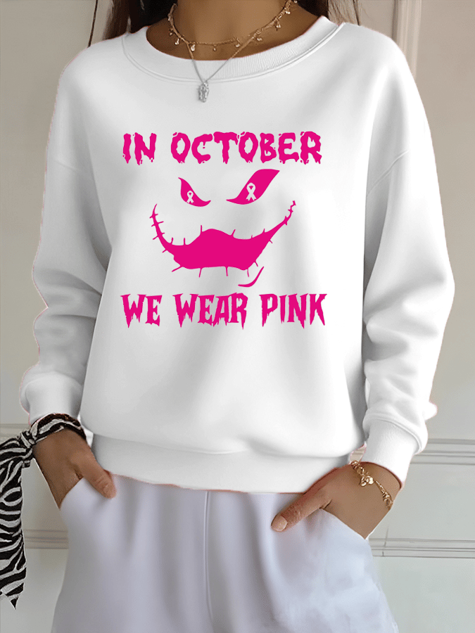Women's In October We Wear Pink Ghost Print Crew Neck Sweatshirt