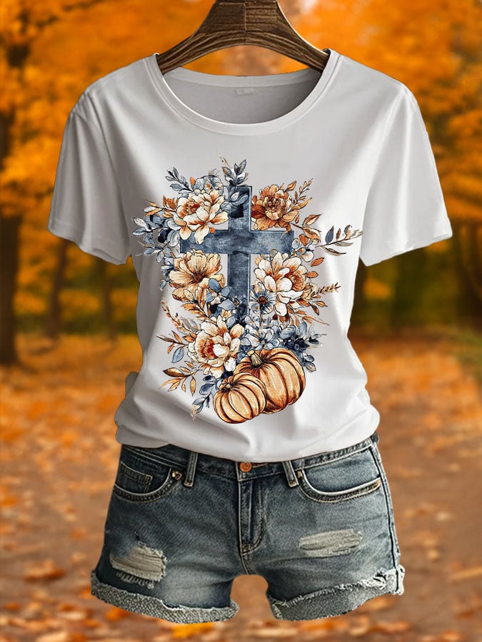 Women's Retro Autumn Pumpkin Print T-Shirt