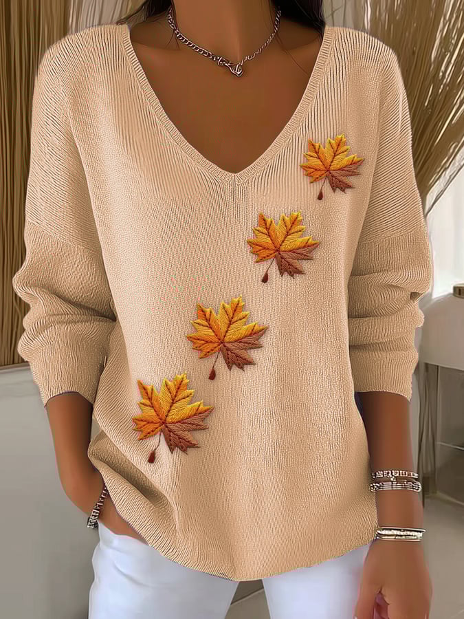 Women's Autumn Maple Leaf Striped Long-Sleeved Top