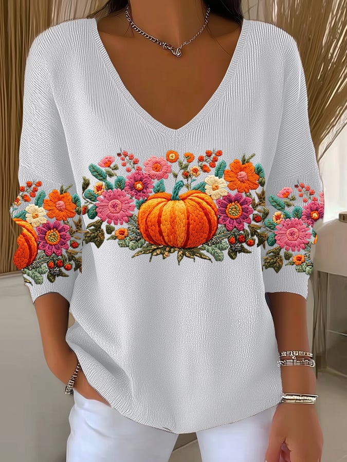 Women's Pumpkin Print Casual Striped Fabric Long Sleeve T-shirt