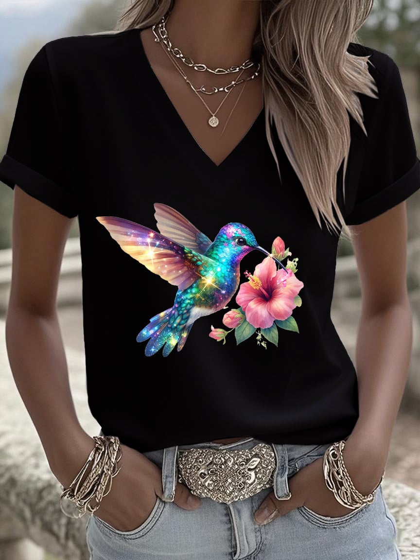 Women's Breast Cancer Awareness Hummingbird And Flower Print Short Sleeve T-Shirt