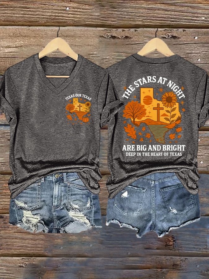 V-Neck Retro Texas Fall Strong Texas Our Texas The Stars At Night Are Big And Bright Deep In The Heart Of Texas Print T-Shirt