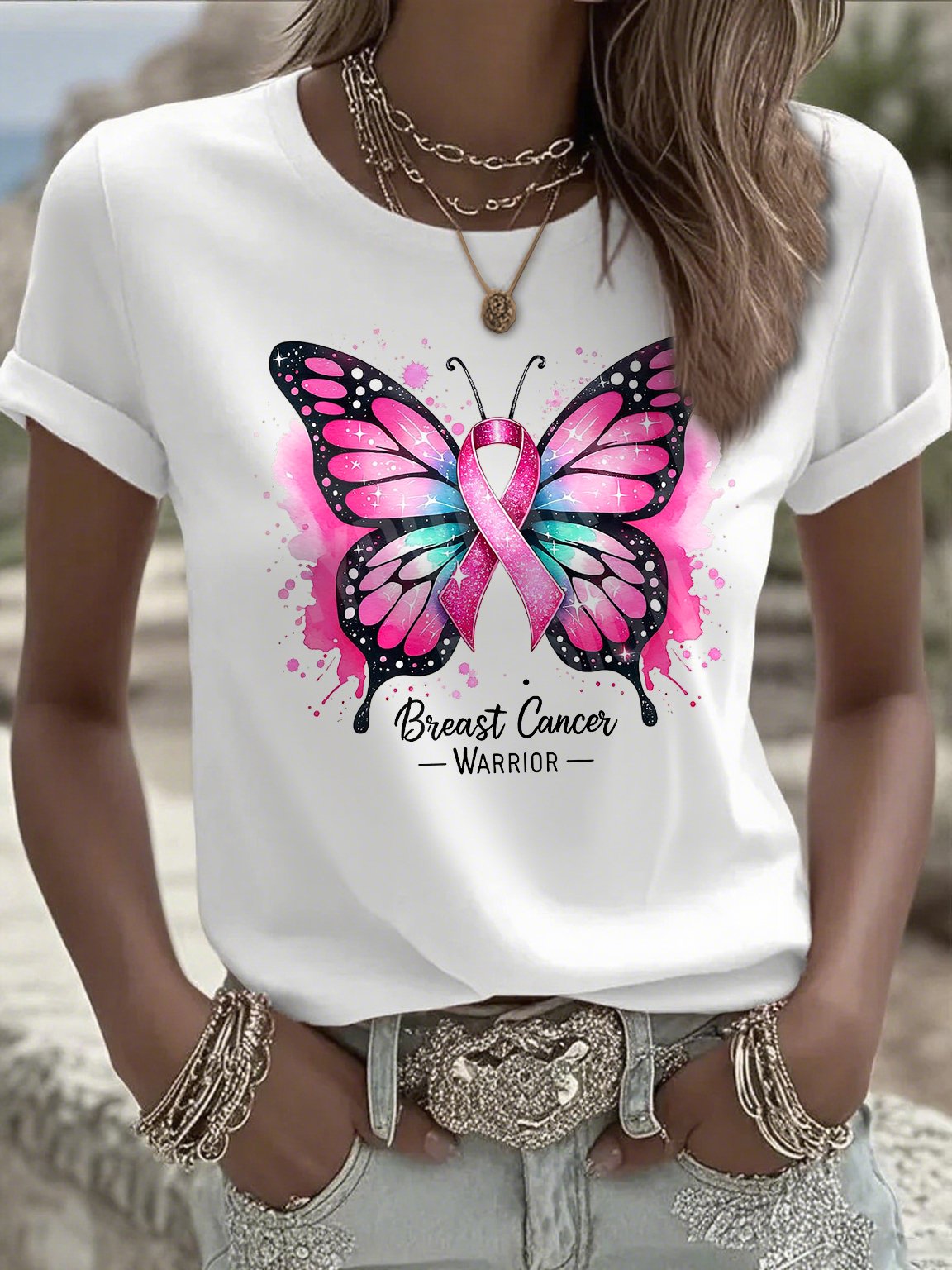 Women's Breast Cancer Ghost Print Casual T-shirt
