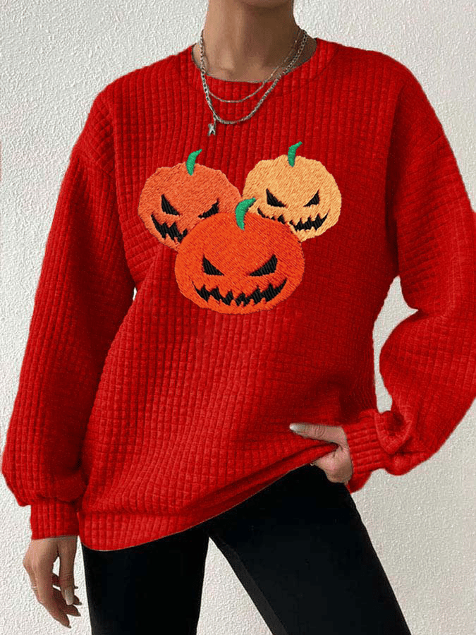Women's Ghost Face Pumpkin Round Neck Waffle Sweatshirt