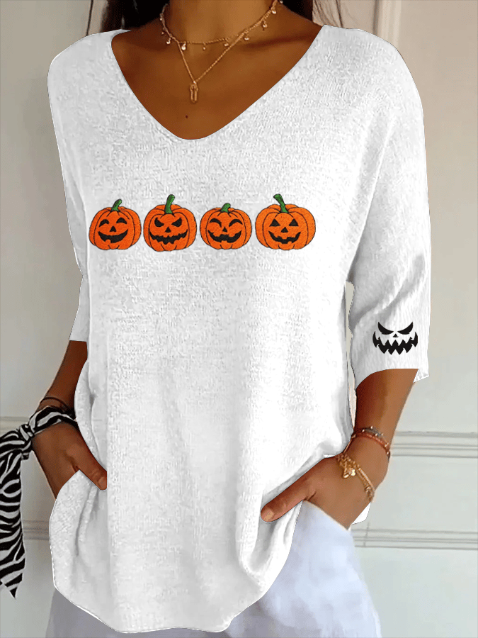 Women's Ghost Face Pumpkin Print Ribbed Fabric Casual V-Neck T-Shirt