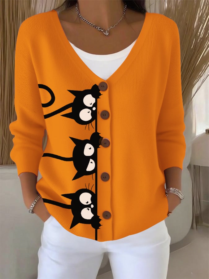Women's Autumn Sleeping Black Cat Fun Printed Sweater Cardigan