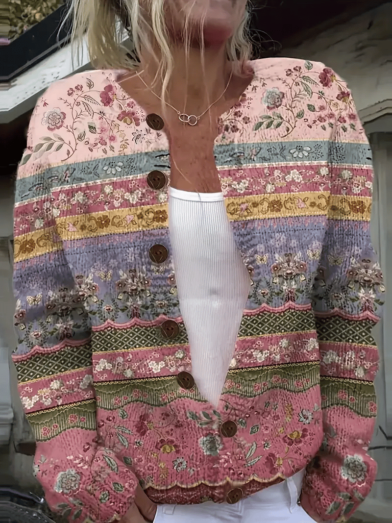 Women's Pink FlowerPrinting Flowers Knit Cardigan
