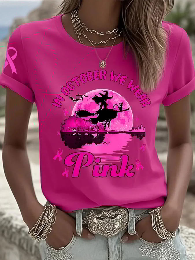 Women's In October We Wear Pink Breast Cancer Witch Print Casual T-shirt
