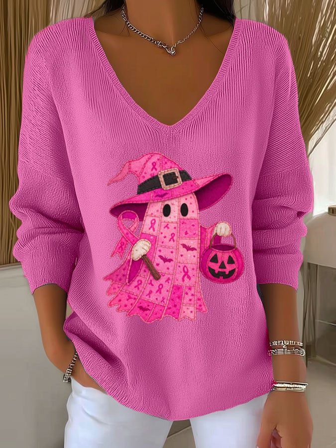 Women's Casual Retro Breast Cancer Print Long-Sleeved T-Shirt