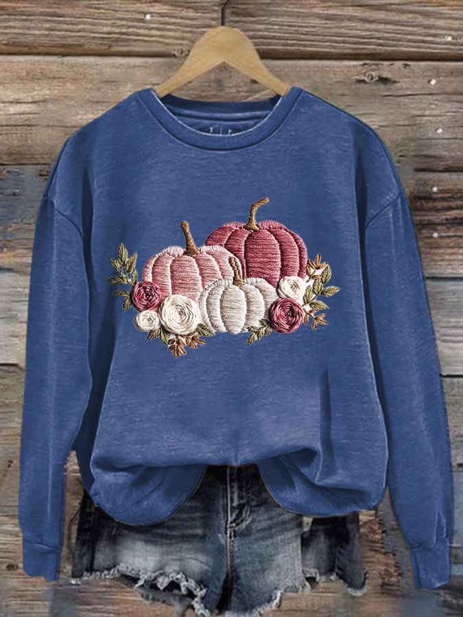 Women's Autumn Pumpkin Embroidery Print Sweatshirt