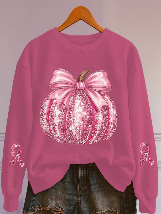 Women's Glitter Pumpkin Breast Cancer Print Sweatshirt