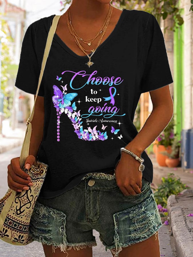 Women's V-Neck Suicide Prevention Awareness Print Casual T-Shirt