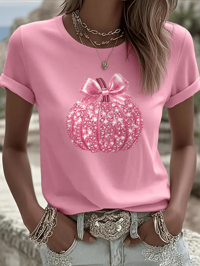 Women's Breast Cancer Sequined Pumpkin Print Crew Neck T-Shirt